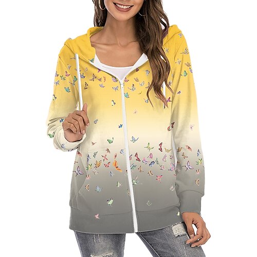 

Women's Hoodie Zip Hoodie Sweatshirt Pullover Active Streetwear Zipper Print Green Blue Yellow Butterfly Gradient Daily Hooded Long Sleeve S M L XL XXL / 3D Print