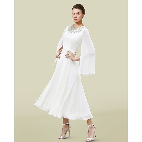 

A-Line Mother of the Bride Dress Luxurious Elegant Jewel Neck Tea Length Chiffon Long Sleeve with Beading 2022