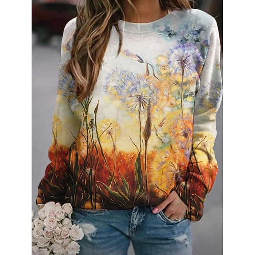 

Women's Sweatshirt Pullover Active Streetwear Print Yellow Plants Dandelion Daily Round Neck Long Sleeve S M L XL XXL / 3D Print