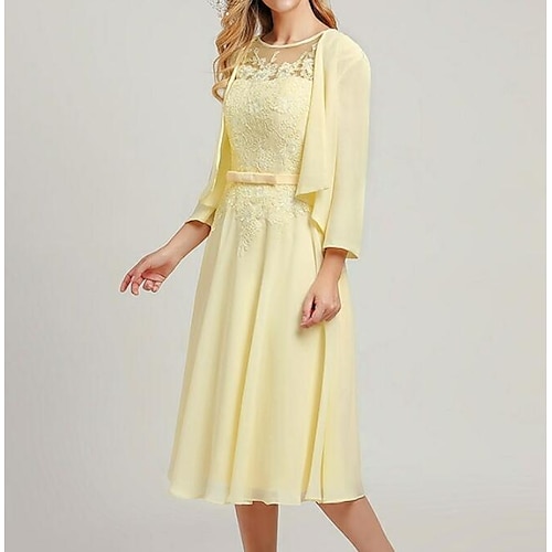 

Two Piece A-Line Mother of the Bride Dress Wrap Included Jewel Neck Tea Length Chiffon Lace Sleeveless with Sash / Ribbon Bow(s) Appliques 2022