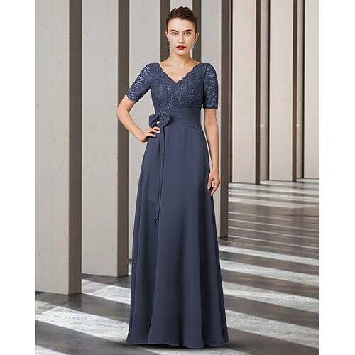

A-Line Mother of the Bride Dress Elegant V Neck Floor Length Chiffon Lace Short Sleeve with Sash / Ribbon 2022