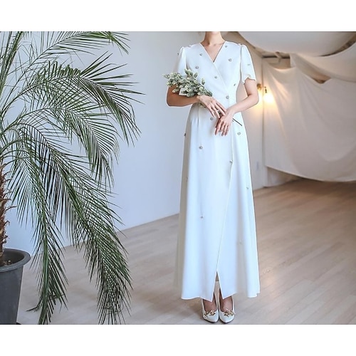 

Sheath / Column Wedding Dresses V Neck Ankle Length Satin Short Sleeve Simple Vintage Little White Dress with Buttons 2022