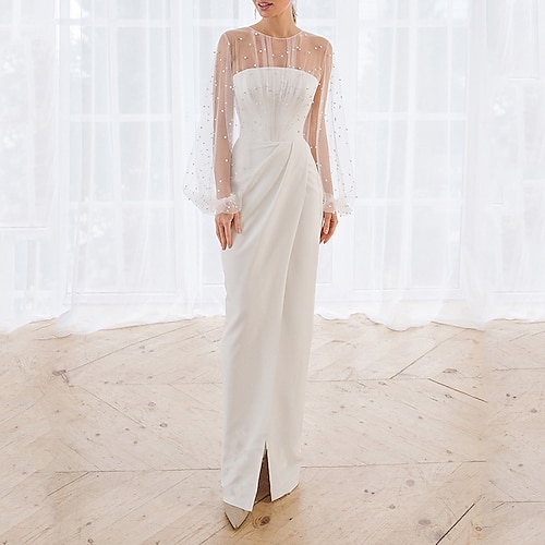 

Sheath / Column Wedding Dresses Jewel Neck Floor Length Satin Tulle Long Sleeve Country Romantic with Pearls Split Front 2022