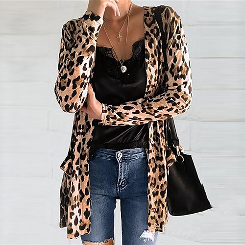 

Damen Mantel Freizeitjacke Strasse Täglich Herbst Lang Mantel Rundhalsausschnitt Regular Fit Atmungsaktiv Casual Jacken Langarm Leopard Bedruckt Grau Gelb