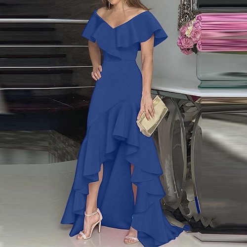 

Women's Party Dress A Line Dress Maxi long Dress Green Wine Fuchsia Dark Blue Black Short Sleeve Pure Color Ruffle Plus High Low Spring Fall V Neck Elegant Formal Party 2022 S M L XL XXL 3XL