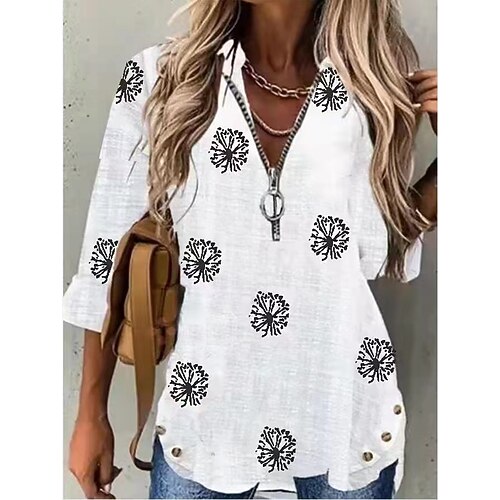 

Women's Blouse Shirt White Dandelion Zipper Button 3/4 Length Sleeve Standing Collar S