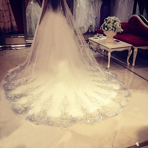 

1 strato Strass / Di pizzo Veli da sposa Velo lungo (con strascico) con Brillantini / Paillettes 137,8 pollici (350 cm) POLY