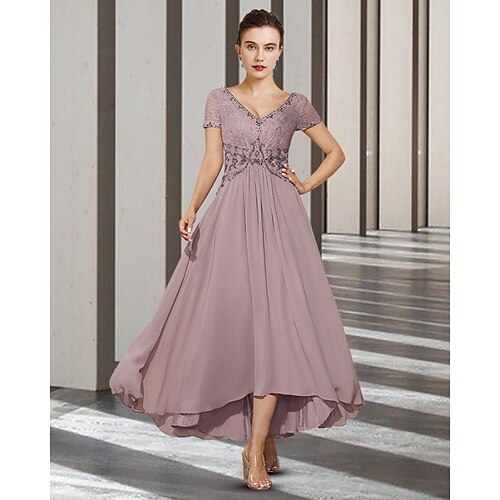 

A-Line Mother of the Bride Dress Elegant V Neck Asymmetrical Ankle Length Chiffon Lace Short Sleeve with Pleats Beading Appliques 2022