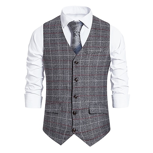 

Men's Casual Vest Plaid Regular Fit V Neck Single Breasted More-button Grey Coffee 2022