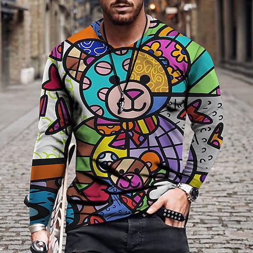 

Men's T shirt Tee Shirt Tee Graphic Animal Color Block Crew Neck Blue Pink Royal Blue Rainbow 3D Print Plus Size Casual Daily Long Sleeve Print Clothing Apparel Basic Designer Slim Fit Big and Tall