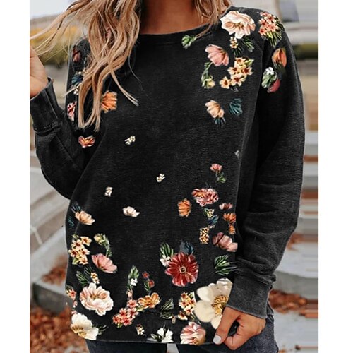 

Women's Plus Size Tops Blouse Shirt Floral Print Long Sleeve Crewneck Streetwear Daily Going out Polyester Fall Spring Black Gray