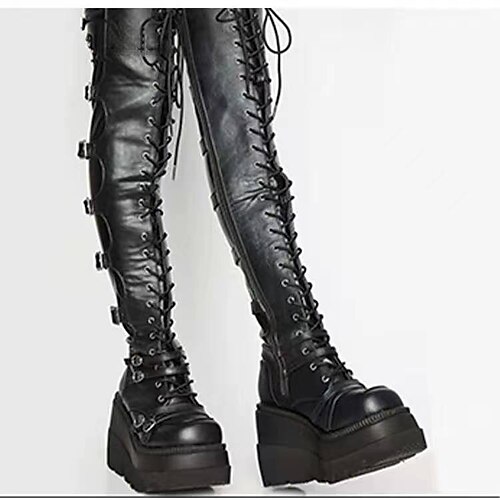 

Women's Boots Daily Lolita Goth Boots Over The Knee Boots Lace-up Platform Round Toe PU Zipper Solid Colored Black