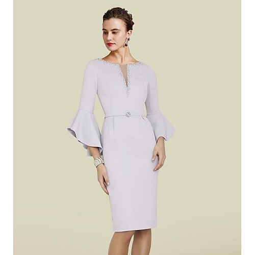 

Sheath / Column Mother of the Bride Dress Elegant V Neck Knee Length Italy Satin Half Sleeve with Beading Crystal Brooch 2022