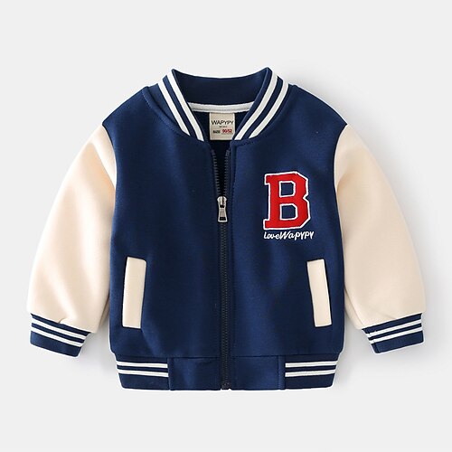 

Kids Boys Jacket Outerwear Letter Plain Long Sleeve Patchwork Coat School Active Navy Blue Winter Fall 3-6 Years
