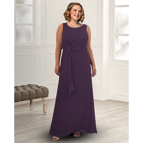 

A-Line Mother of the Bride Dress Plus Size Elegant Jewel Neck Floor Length Chiffon Sleeveless with Pleats 2022