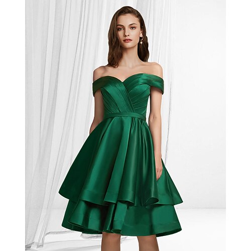 

A-Line Empire Minimalist Party Wear Cocktail Party Dress Off Shoulder Sleeveless Knee Length Satin with Tier 2022