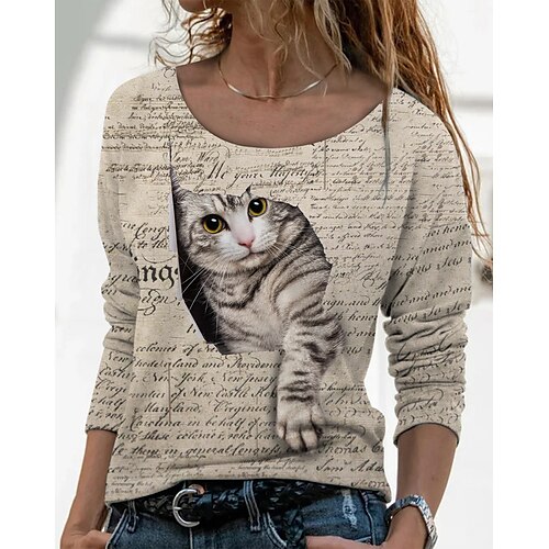 

T shirt Tee Femme Gris Chat 3D Imprimer manche longue du quotidien Fin de semaine basique Col Rond Normal Standard Chat 3D Peinture S