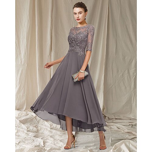 

A-Line Mother of the Bride Dress Elegant Jewel Neck Asymmetrical Ankle Length Chiffon Lace Half Sleeve with Pleats Appliques 2022