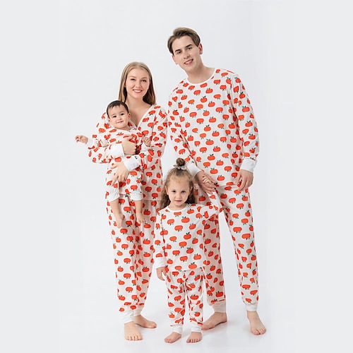 

Christmas Pajamas Family Set Ugly Fruit Home Beige Long Sleeve Mom Dad and Me Basic Matching Outfits