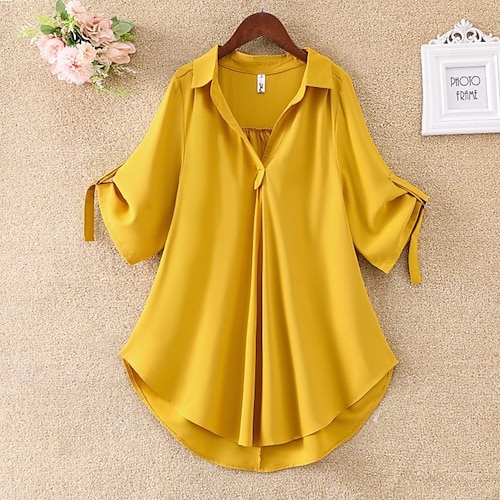 

Mulheres Camisa Social Blusa Preto Branco Amarelo Côr Sólida Meia Manga Trabalho Diário Roupa de rua Casual Colarinho de Camisa Padrão L