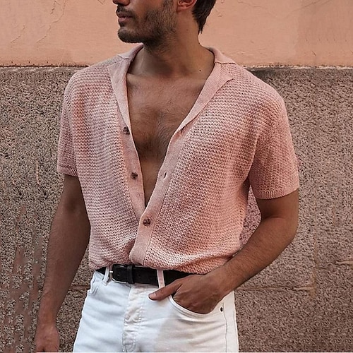 

Per uomo maglietta Camicia con bottoni Tinta unica Liscio A V Normale Da tutti i giorni Maniche corte Lavorato a maglia Abbigliamento Fil di lana Moda Stile vintage