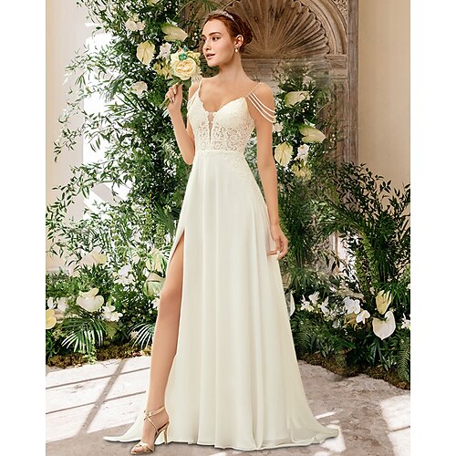 

A-Line Wedding Dresses Sweetheart Neckline Spaghetti Strap Sweep / Brush Train Chiffon Lace Sleeveless Simple Sexy with Beading Appliques Split Front 2022