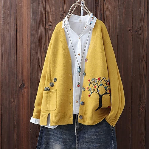 

Women's Jumper Knit Knitted Floral V Neck Stylish Casual Daily Weekend Drop Shoulder Winter Fall Blue Yellow S M L / Cotton / Long Sleeve / Sweater / Cotton / Regular Fit