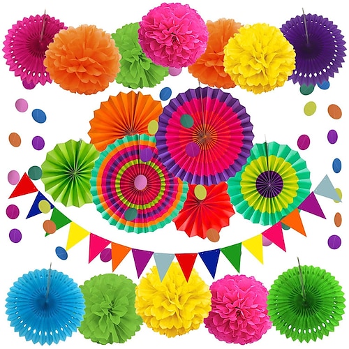 

Party Supplies, Hawaiian Party Decorations Honeycomb Ball Paper Lanterns Paper Fans Pom poms Flowers for Birthday Luau Tropical Bachelorette Party