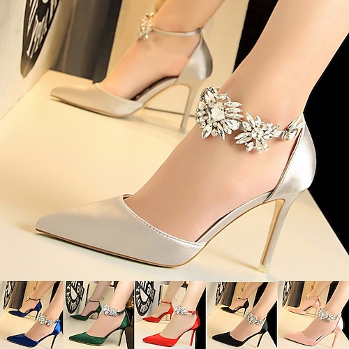 

Women's Heels Wedding Party Ankle Strap Heels Summer Crystal High Heel Pointed Toe Luxurious Elegant Satin Ankle Strap Solid Colored Black Green Rosy Pink