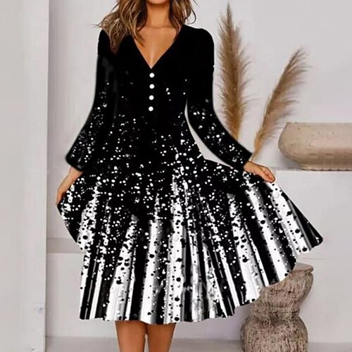 

Women's Midi Dress Black Long Sleeve Polka Dot Print Winter Fall Autumn V Neck Winter Dress Fall Dress 2022 S M L XL XXL 3XL