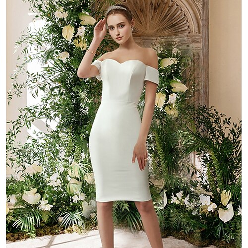 

Sheath / Column Wedding Dresses Strapless Off Shoulder Knee Length Satin Sleeveless Simple Vintage with Pleats 2022