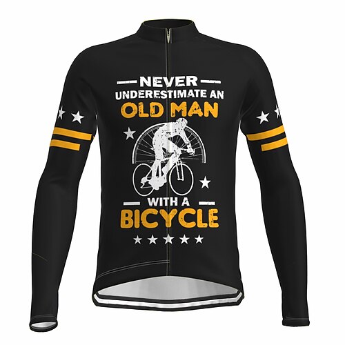 

21Grams Men's Cycling Jersey Long Sleeve Bike Jersey Top with 3 Rear Pockets Mountain Bike MTB Road Bike Cycling Breathable Quick Dry Moisture Wicking Soft Black Graphic Stars Old Man Polyester