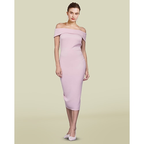 

Sheath / Column Mother of the Bride Dress Elegant Off Shoulder Tea Length Stretch Chiffon Sleeveless with Ruching 2022