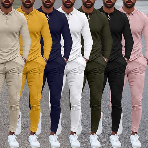 

Men's Collar Polo Shirt Golf Shirt Set Solid Color Collar Pink Yellow Army Green Khaki Navy Blue Outdoor Home Long Sleeve Zipper Clothing Apparel Fashion Casual Comfortable