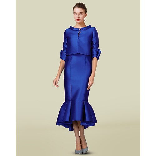 

Two Piece Mermaid / Trumpet Mother of the Bride Dress Elegant Jewel Neck Tea Length Satin Sleeveless with Ruffles 2022