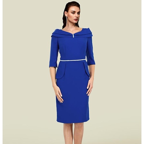 

Sheath / Column Mother of the Bride Dress Elegant V Neck Knee Length Stretch Fabric Half Sleeve with Sash / Ribbon 2022