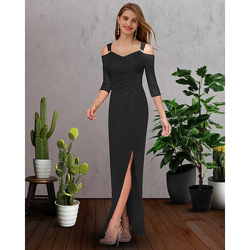 

Sheath / Column Bridesmaid Dress Off Shoulder Half Sleeve Elegant Floor Length Chiffon with Split Front 2022