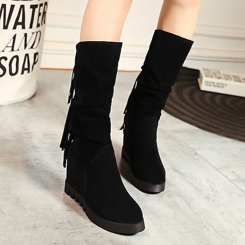 

Women's Boots Mid Calf Boots Winter Tassel Hidden Heel Round Toe PU Loafer Solid Colored Black