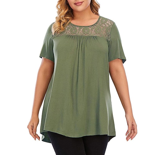 

Women's Plus Size Tops Blouse Shirt Plain Lace Short Sleeve Round Neck Causal Cotton Spring Summer ArmyGreen Black