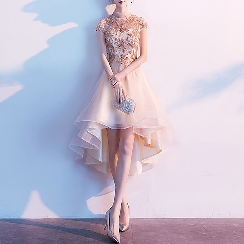 

A-Line Cocktail Dresses Chinese Style Dress Homecoming Asymmetrical Short Sleeve High Neck Tulle with Pleats Appliques 2022 / Cocktail Party