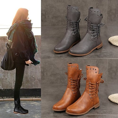 

Women's Boots Mid Calf Boots Flat Heel Round Toe PU Solid Colored Black Brown Gray