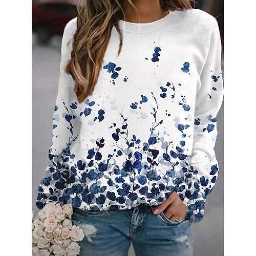 

Women's Sweatshirt Pullover Basic Streetwear Print White Floral Abstract Sports Round Neck Long Sleeve S M L XL XXL / 3D Print