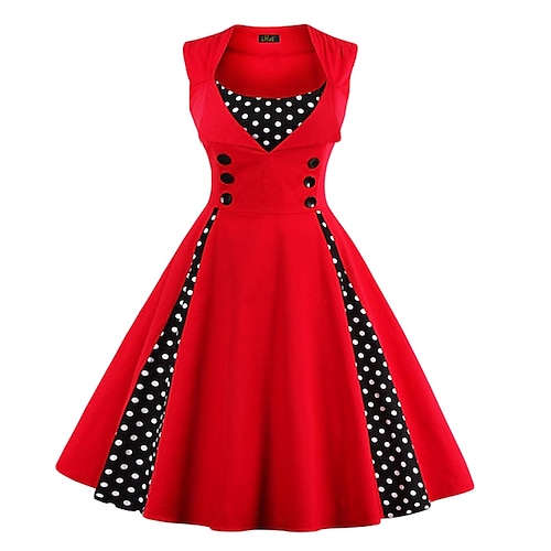 

Women's Casual Dress Vintage Tea Dresses Skater Dress Midi Dress Wine Red Black Red Sleeveless Polka Dot Patchwork Summer Spring Fall Crew Neck 1950s Wedding Guest Vacation Fall Dress 2023