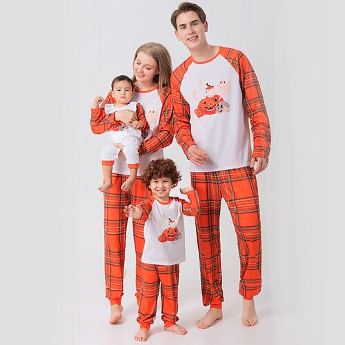

Family Look Halloween Pajamas Plaid Pumpkin Home White Long Sleeve Basic Matching Outfits