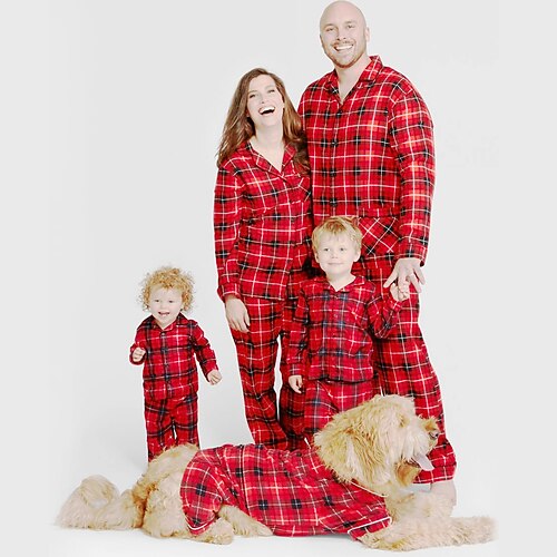 

Christmas Pajamas Ugly Tops Bottom Family Set Plaid Christmas Gifts Dark Pink Long Sleeve Mom Dad and Me Mom Dad and Me Daily Matching Outfits Fall Winter Sweet