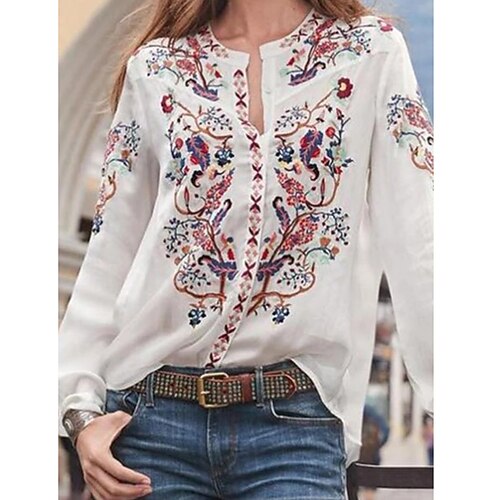 

Women's Blouse Shirt Blue Yellow White Geometric Long Sleeve Daily V Neck S