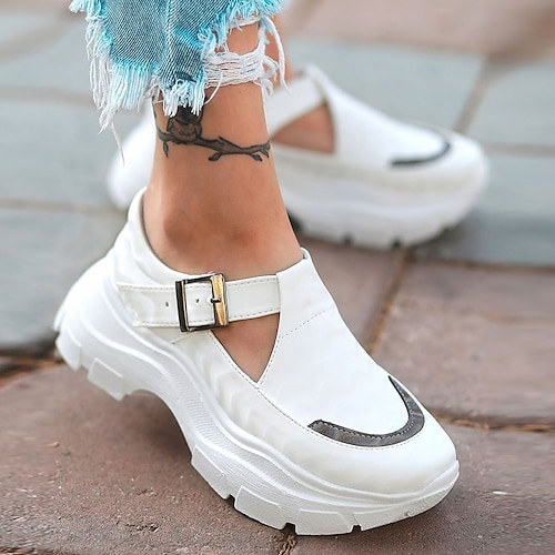 

Women's Trainers Athletic Shoes Sneakers Plus Size White Shoes Flat Heel Round Toe Walking Shoes PU Ankle Strap Solid Colored Black White Blue