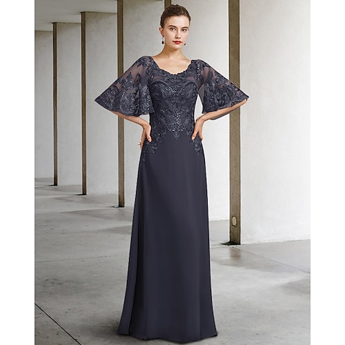 

Sheath / Column Mother of the Bride Dress Luxurious Elegant Jewel Neck Floor Length Chiffon Lace Short Sleeve with Pleats Beading Appliques 2022