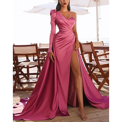 

A-Line Elegant Vintage Party Wear Prom Birthday Dress One Shoulder Long Sleeve Court Train Satin with Ruched Slit 2022