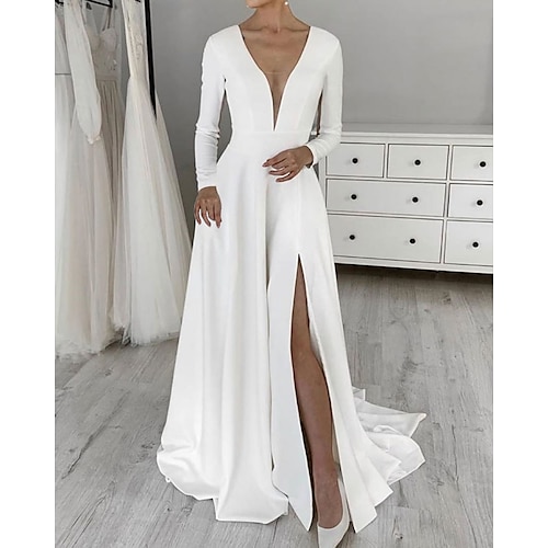 

A-Line Wedding Dresses V Neck Sweep / Brush Train Stretch Fabric Long Sleeve Simple with 2022